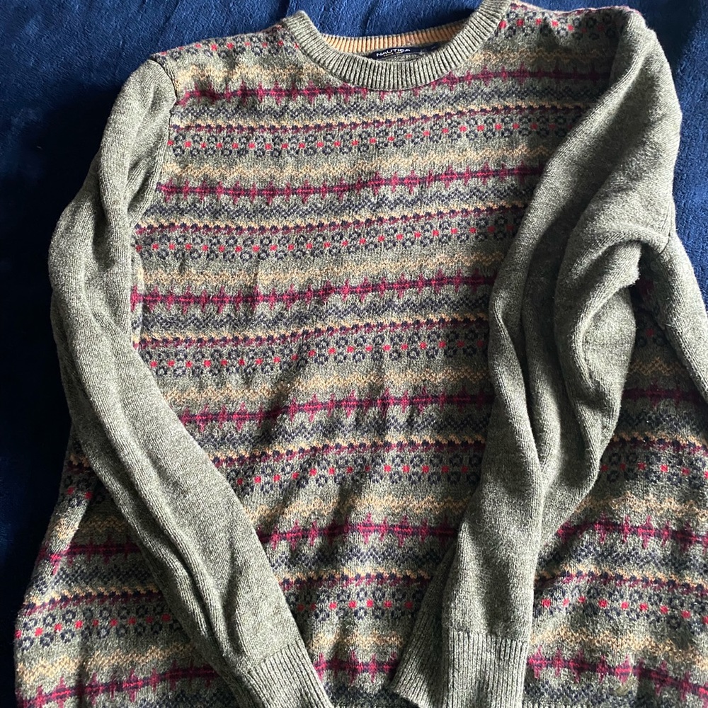 Nautica Grandpa Sweater Extra Large Green Sweater with Red and Yellow.
